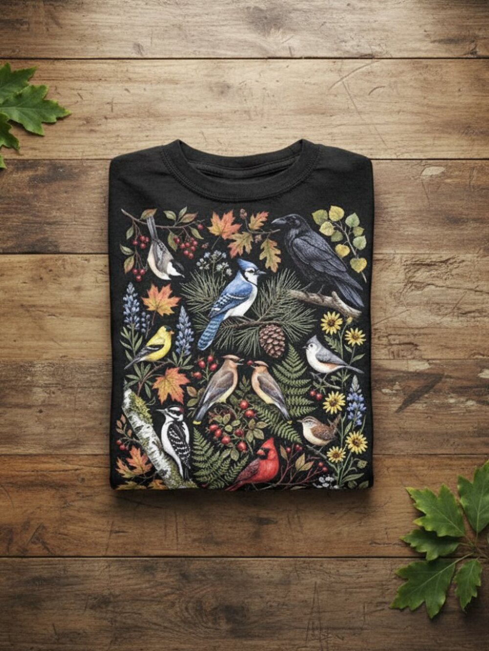 Cottagecore Woodland Birds Botanical Graphic Tee | Folk Art Shirt